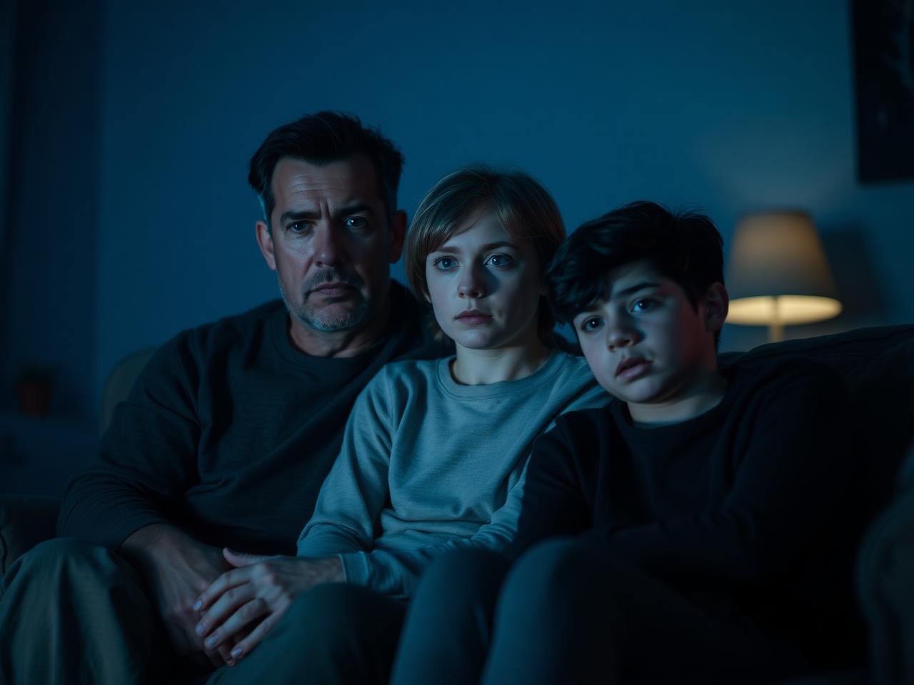 A parent and teenager sitting together at night lit by a phone screen